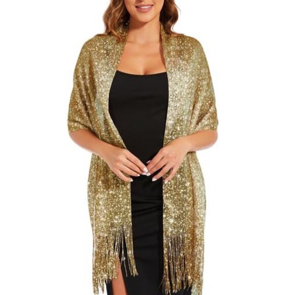 Gold Sparkling Metallic Shawls and Wraps with Buckle, for Evening Dresses Party - Picture 2 of 6